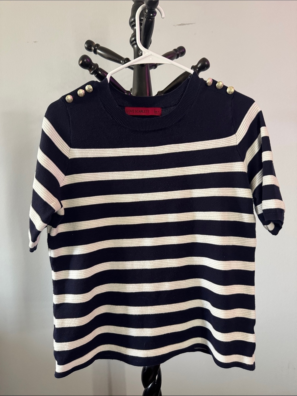 Navy and White Striped Short Sleeve Sweater with Shoulder Buttons 12.M